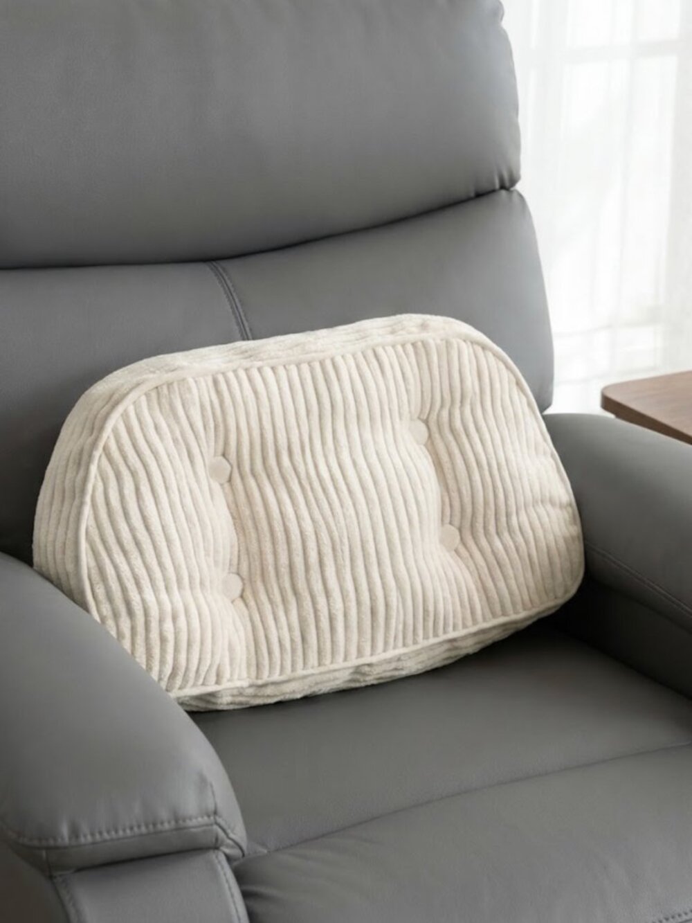 Beige Corduroy Lumbar Support Pillow for Recliners & Office Chairs